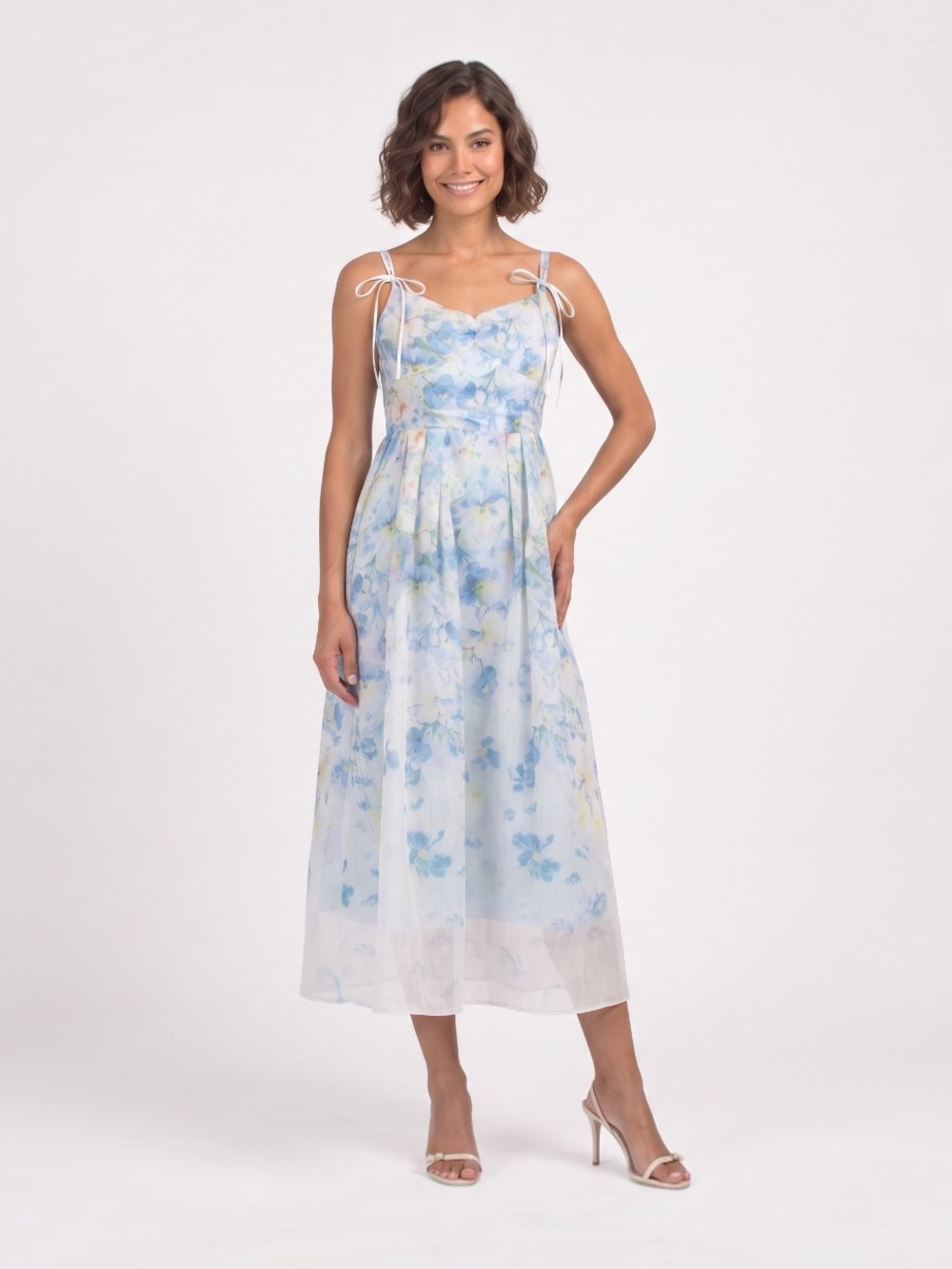 En Saison Vivian Blue Floral Midi Dress Ruched Bust Tie Strap NWOT